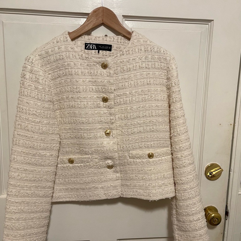 Zara Cream Cropped Blazer with Textured Finish